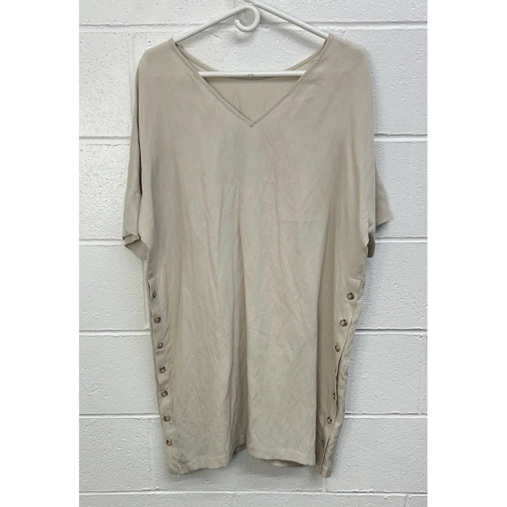 VETTA Tencel Linen Side Button Relaxed Tunic Dress Beige / Women's Medium
